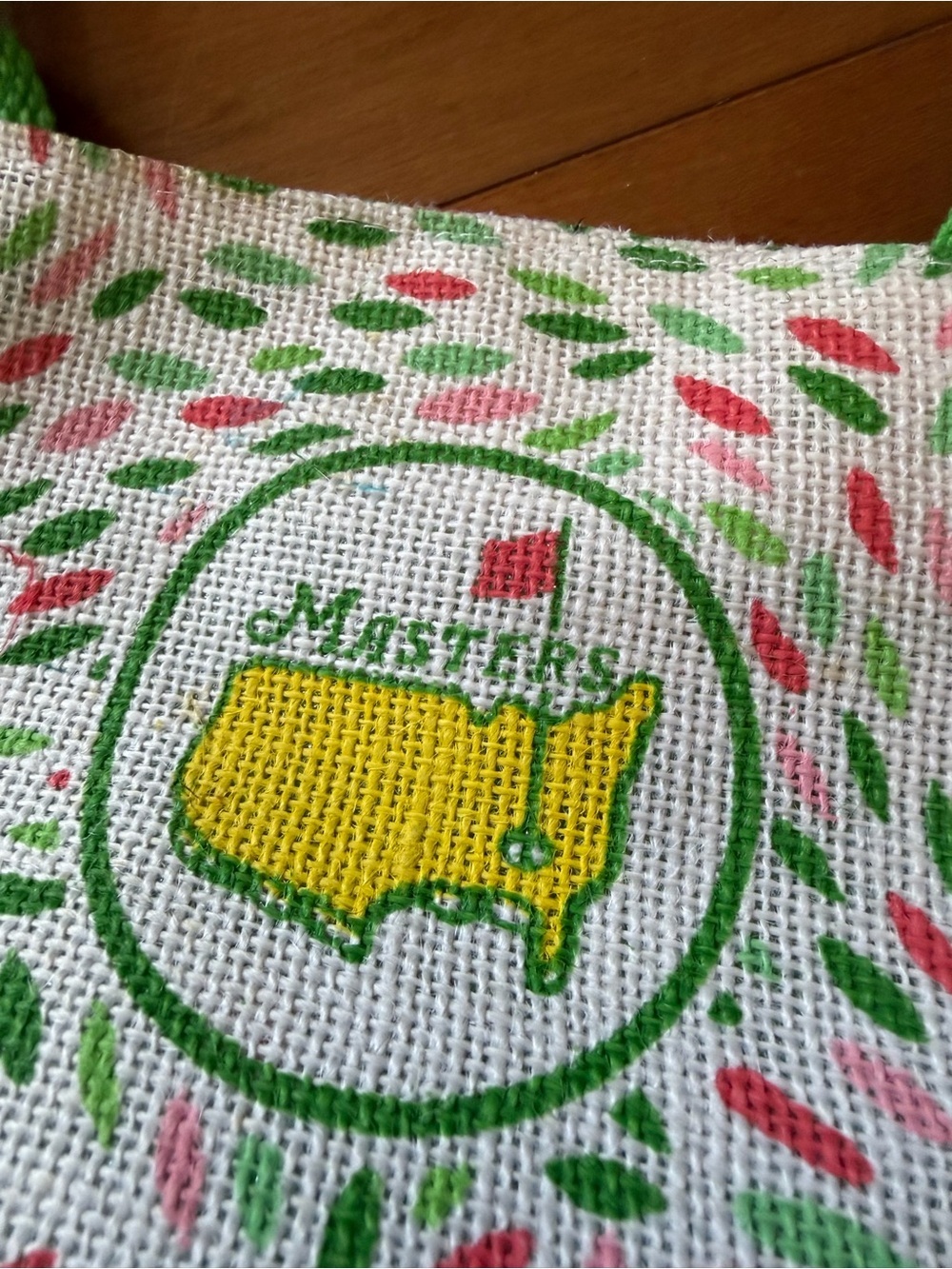 The Masters Augusta National Golf Jute Tote Bag Green Pink Swirl Logo